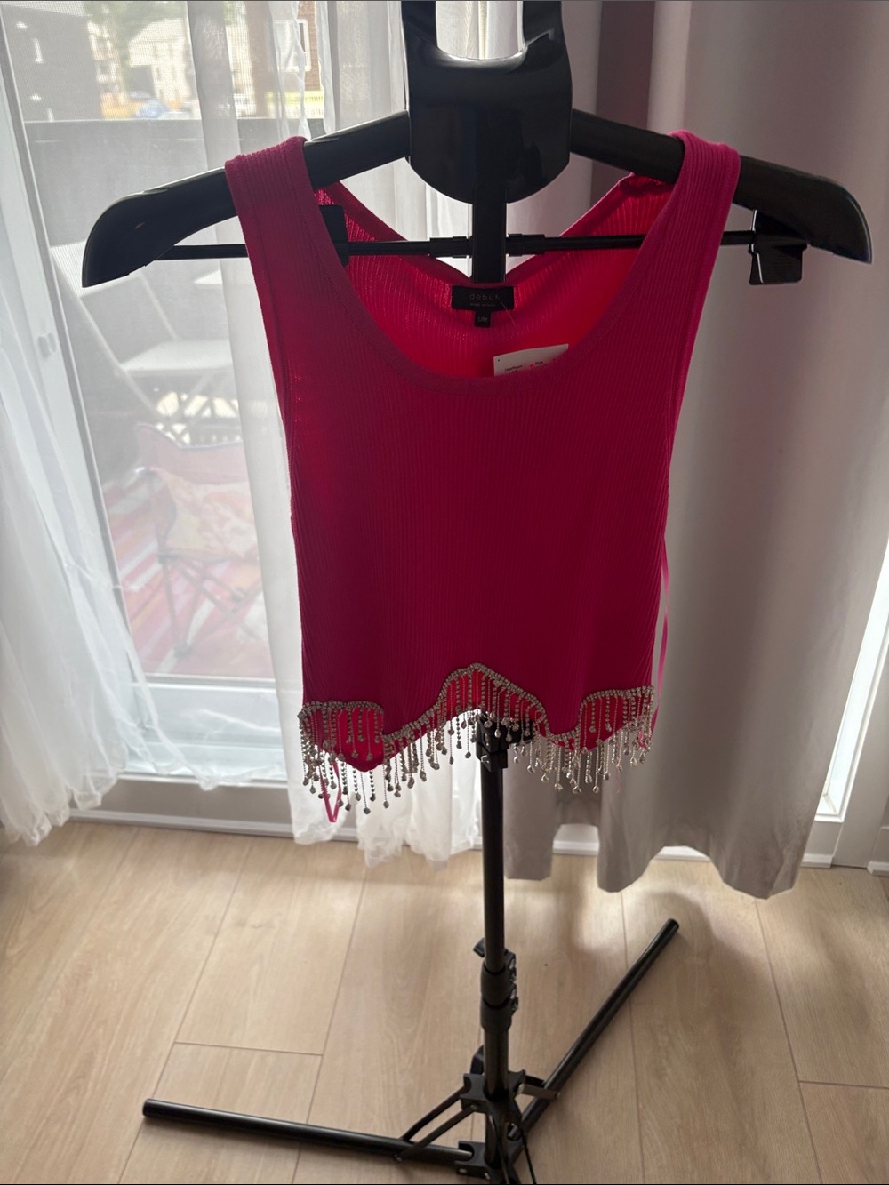 debut Fuchsia Beaded Fringe Ribbed Tank